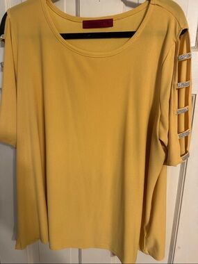 Scarlett Mustard Yellow Short Sleeve Top with Rhinestone Strap Details